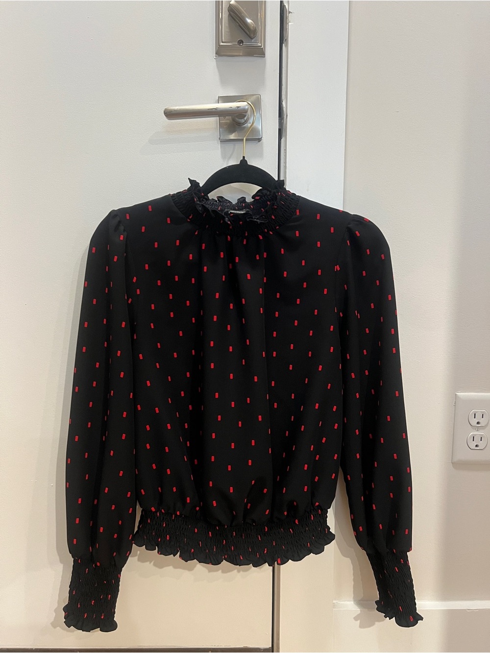 Sanctuary Black Blouse with Red Dot Smocked Neck and Hem